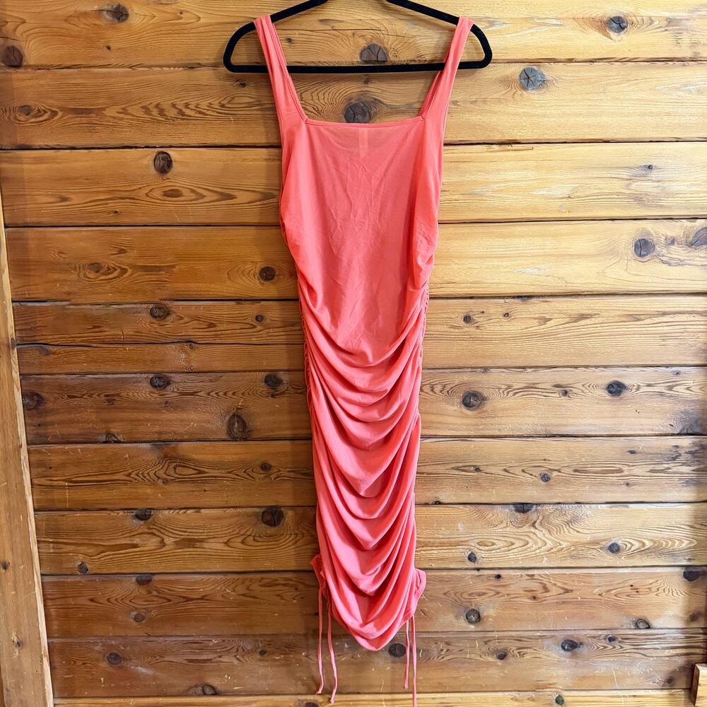 By Anthropologie Ruched V-Neck Midi Dress Coral XL - Picture 2 of 6